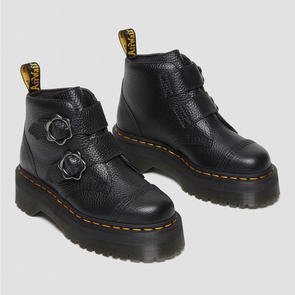 (Sold)Dr. Martens DEVON FLOWER BUCKLE MILLED NAPPA LEATHER PLATFORM BOOTS - Picture 2 of 9